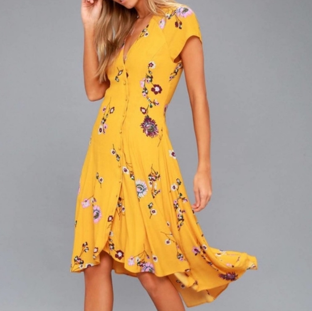 Free People Lost in You Golden Yellow Floral Print Midi Dress Size XS